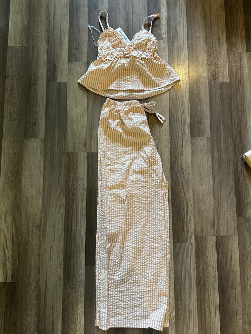 (NWT) Striped Seersucker Two-Piece  Set in Light Pink Cream and Green